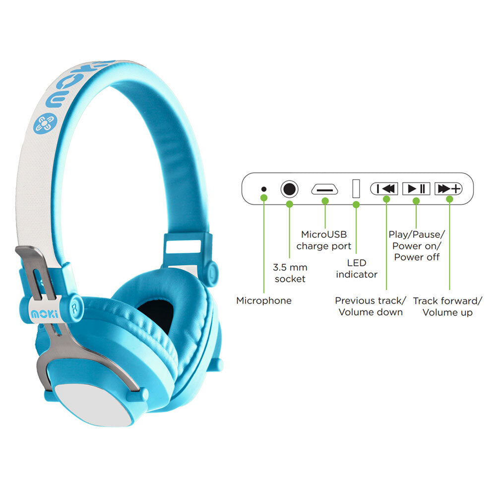 Moki Exo Kids Wireless Bluetooth Headphones On/Over Ear Cup Headband w/ Mic Blue — image 2