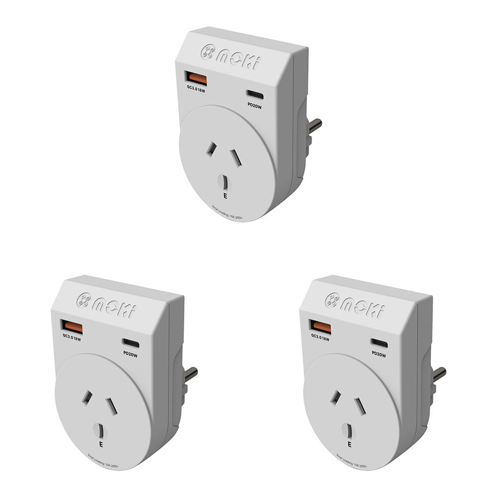 Moki Travel Adaptor Plus Outbound Aus/nz to EU with Type-C & USB-A (3 Pack)