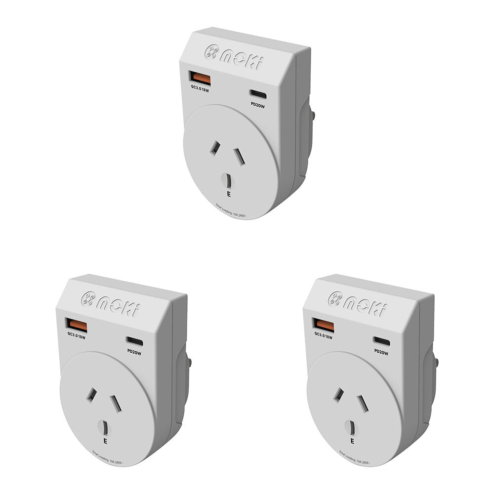 Moki Travel Adaptor Plus Outbound AU/NZ to UK w/ PD20W Type-C & QC 3.0 USB-A (3 Pack)