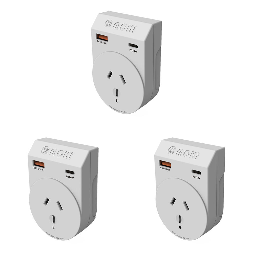 Moki Travel Adaptor Plus Outbound AU/NZ to US w/ PD20W Type-C & QC 3.0 USB-A (3 Pack)