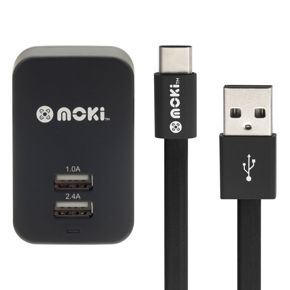 Moki USB Wall Charger Adapter w/ Type-C Syncharge Cable for Samsung/LG Black (2 Pack) — image 2