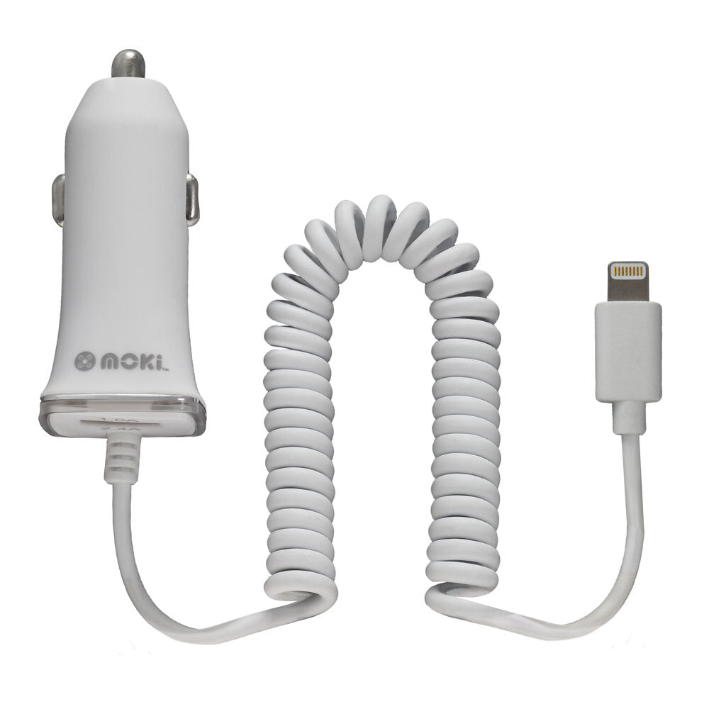 Moki 4ft Coiled Lightning MFI-Certified Cable Car Charger w/USB Port for iPhone — image 2