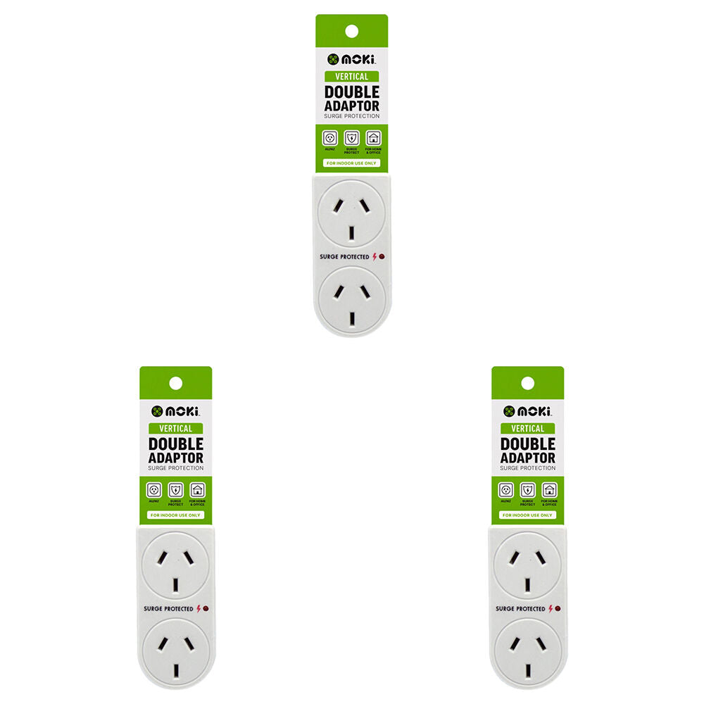 Moki Vertical Double Power Outlet Adaptor w/ Surge Protection Plug White (3 Pack)