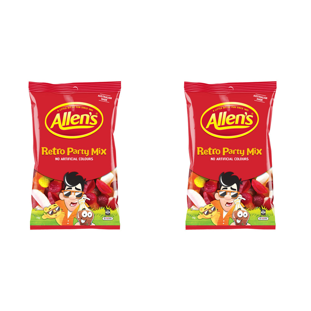 Allen's 1kg Retro Party Mix Teeth/Milk Bottles/Chewy Fruit Jelly Snack Bag (2 Pack)