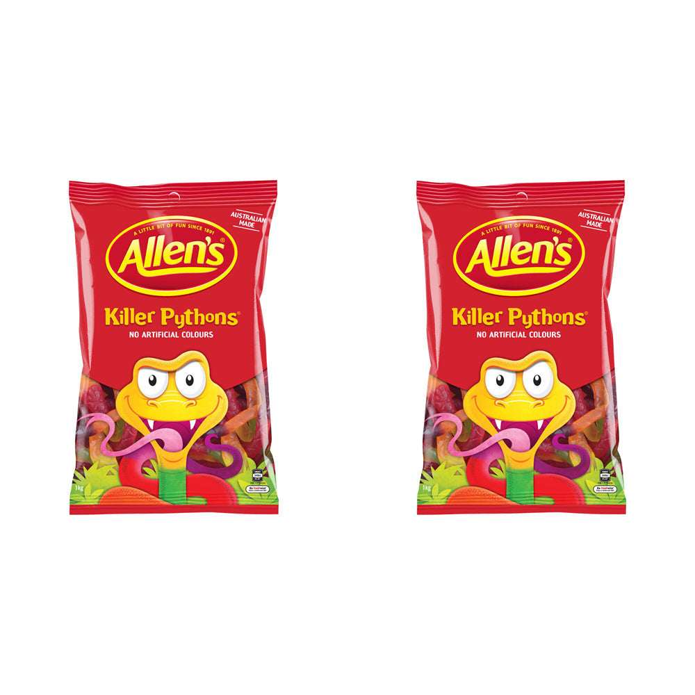 Allen's 1kg Killer Pythons/Snakes Fruit Flavoured Chewy Sweets/Candy Snack (2 Pack)