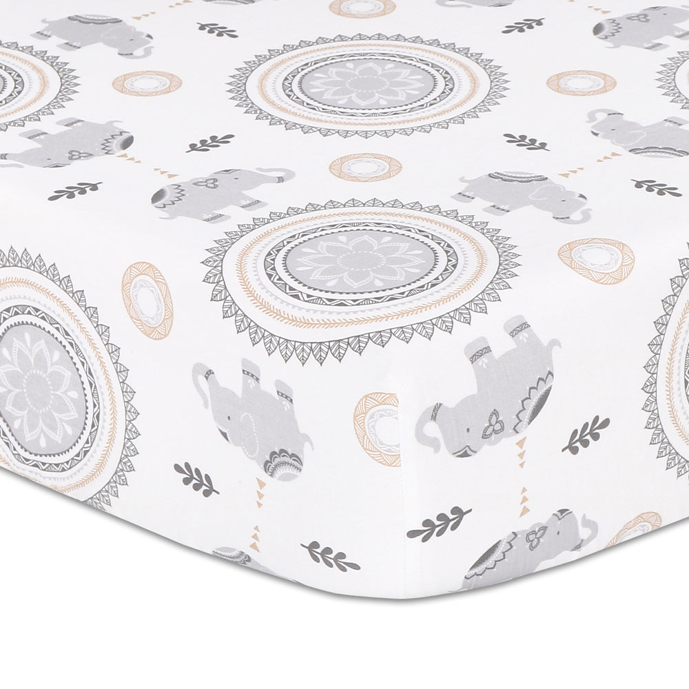 The Peanutshell Boho Cotton Fitted Sheet Elephant & Medallion Print 135x77cm