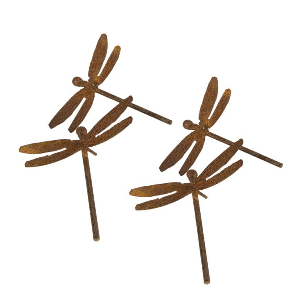 A.Fresco Garden Rust Metal 8x7cm Dragonfly Spike Outdoor Ornament Yard Patio Decor (4 Pack)