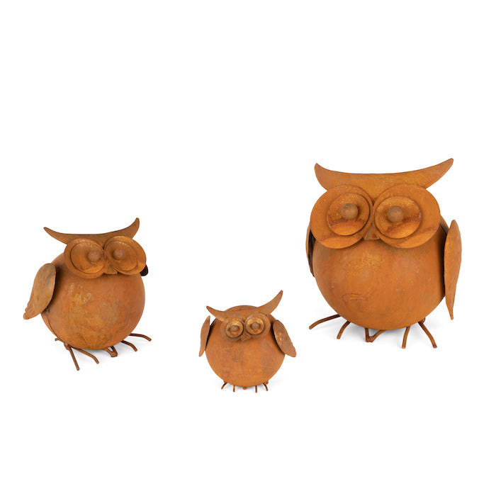 A.Fresco Round Owl 7.5/11/16.5cm Rust Metal Outdoor Ornament Patio Garden Decor Set (3 Pieces)