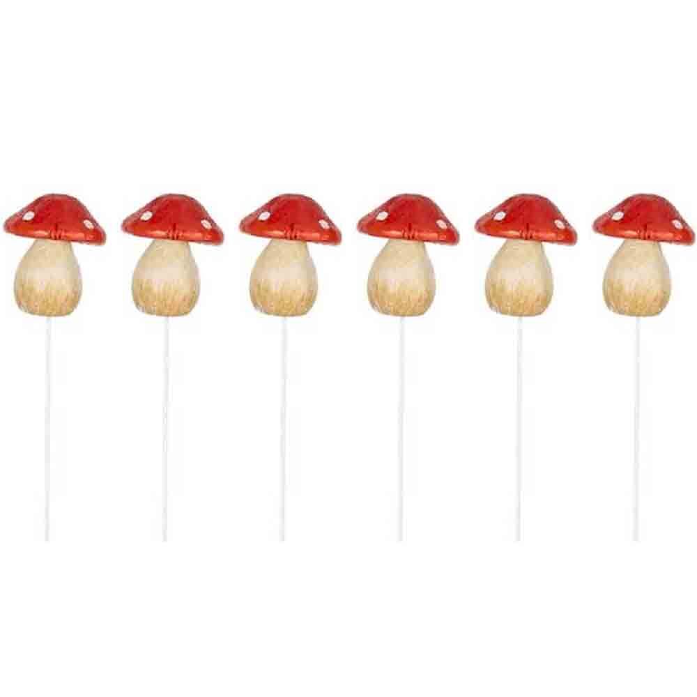 A.Fresco Mushroom on Red Stick Outdoor Decoration Small & White Assorted (6 Pack)