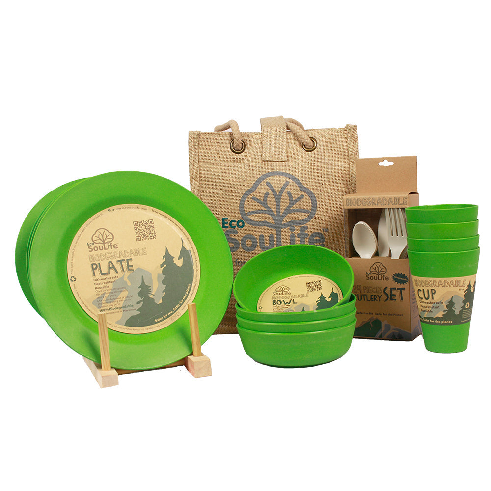 Eco Soulife Reusable Biodegradable All Family Picnic Set (37 Pieces) — Natural Green