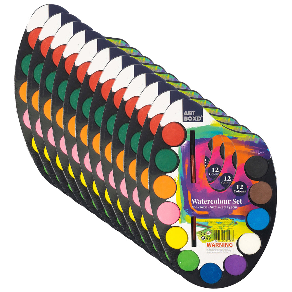 Art Boxd 24.5cm Watercolour Palette Painting Set 12 Colours w/ Paint Brush (12 Pack)