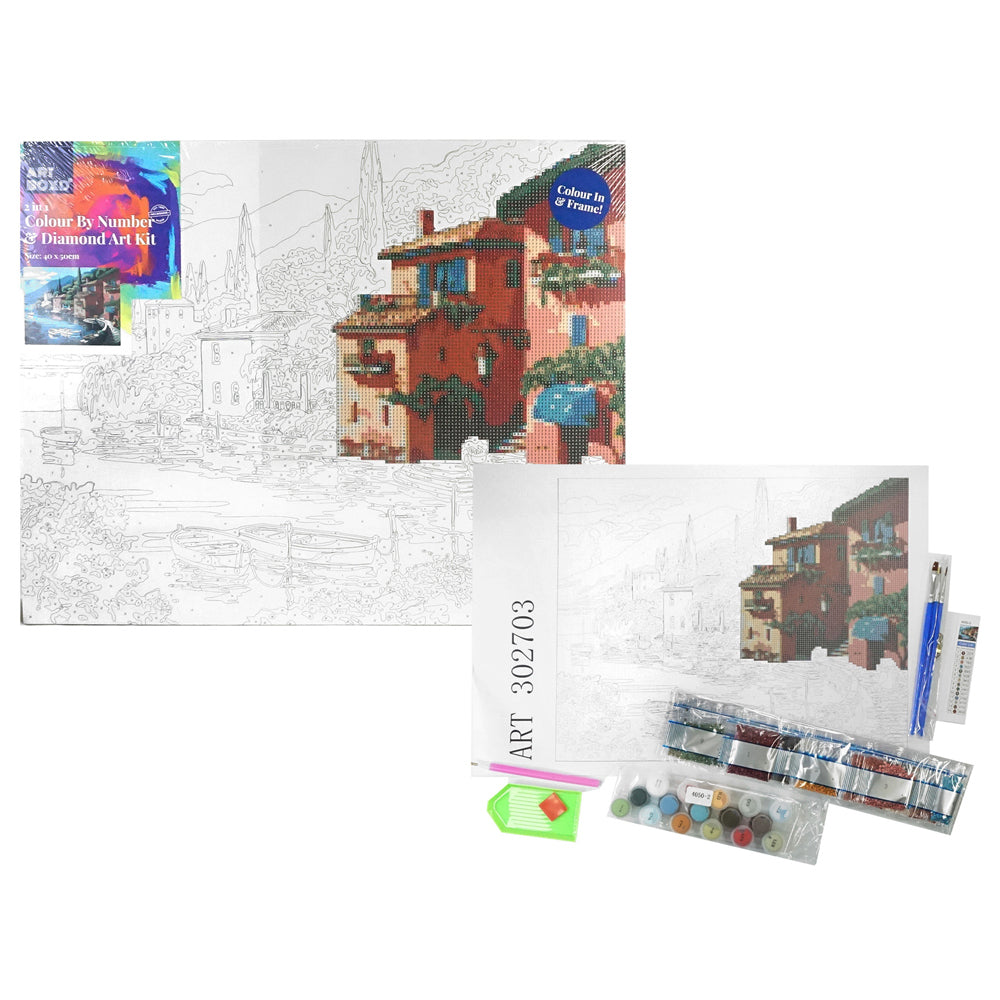 Art Boxd 2-in-1 Canvas Colour By Number & Diamond Art Kids Painting Coastal Town — image 2