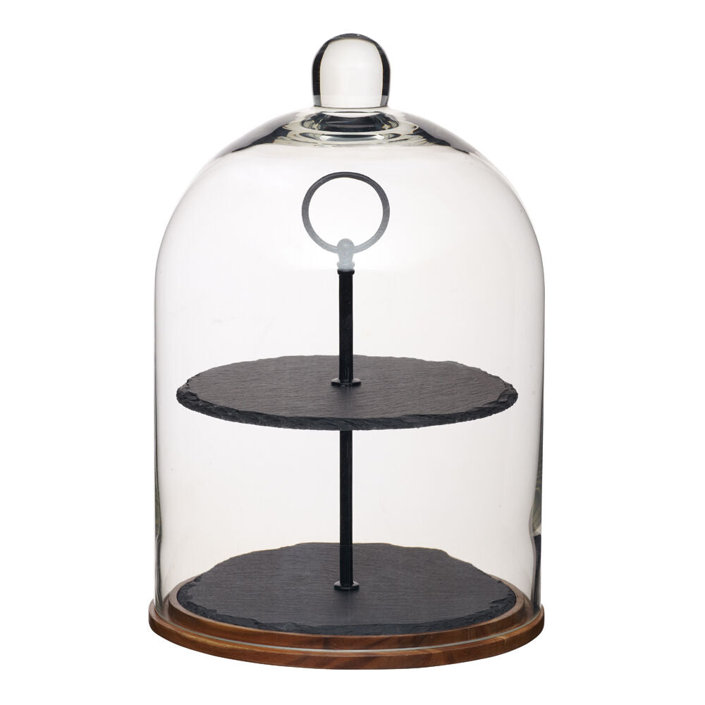 Artesa Appetiser Two Tier Serving Dome With Wood Base Slate Trays Glass Dome