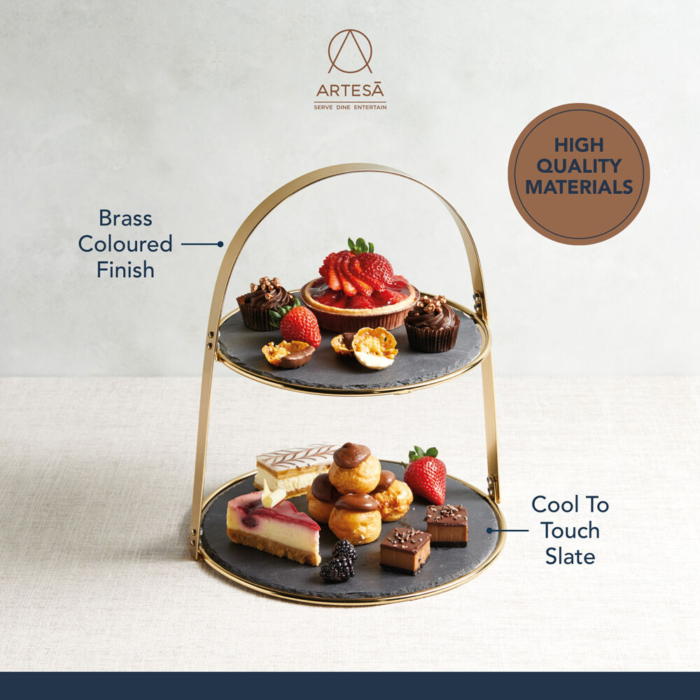 Artesa 2 Tier Brass Cake Dessert Stand With Round Rustic Slate Serving Plate — image 3