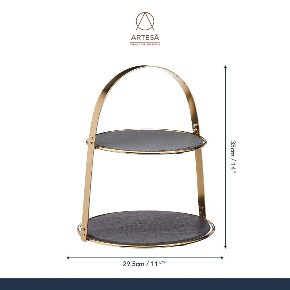 Artesa 2 Tier Brass Cake Dessert Stand With Round Rustic Slate Serving Plate — image 4