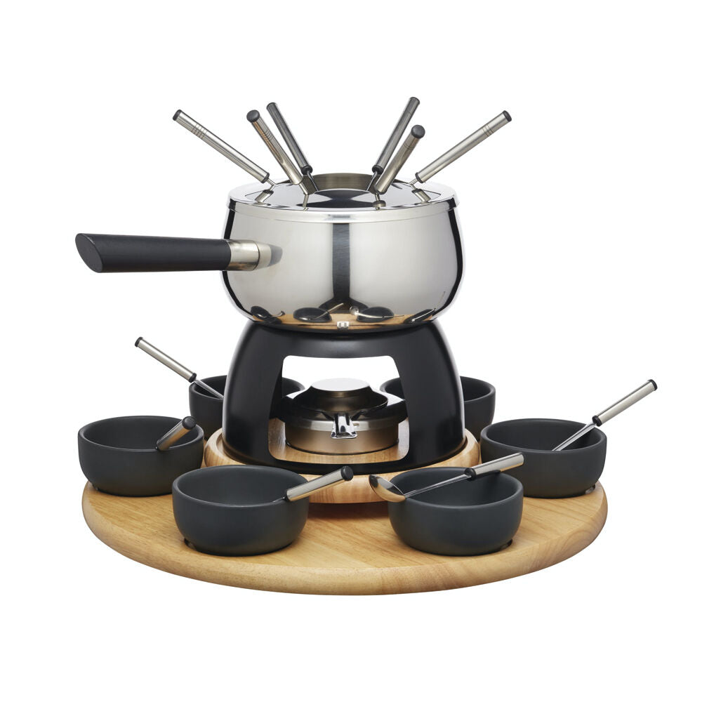Artesa Six Person Party Entertaining Fondue Set W Wooden Base Serving Bowls