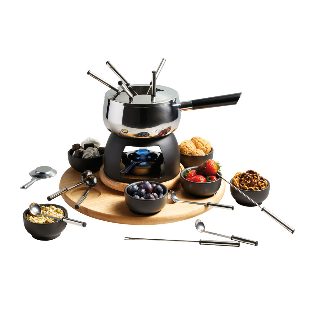 Artesa Six Person Party Entertaining Fondue Set W Wooden Base Serving Bowls — image 3