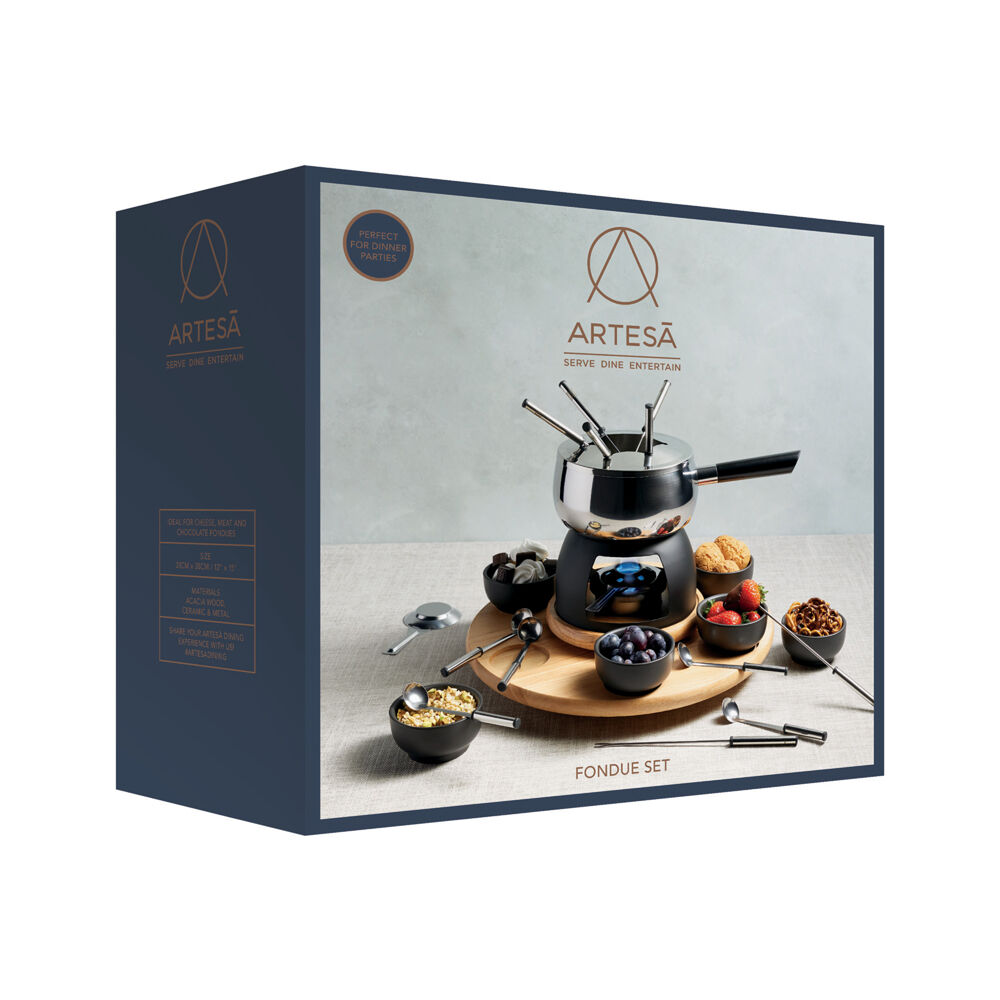 Artesa Six Person Party Entertaining Fondue Set W Wooden Base Serving Bowls — image 2