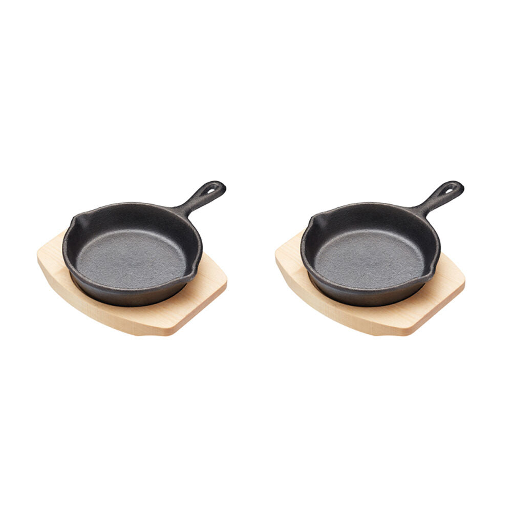 Artesa Cast Iron Round Small Fry Pan/Serving Skillet w/Wooden Board 11cm (2 Pack)