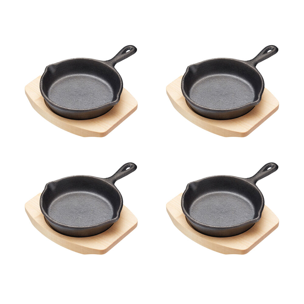 Artesa Cast Iron Round Small Fry Pan/Serving Skillet w/Wooden Board 11cm (4 Pack)
