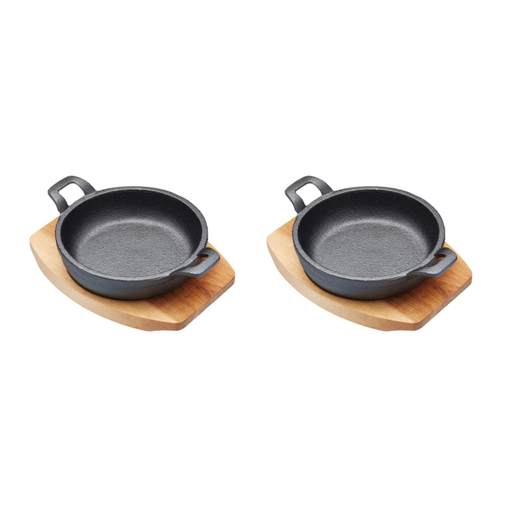 Artesa Cast Iron Mini Gratin Dish/Serving Skillet w/Maple Wood Board 12.5cm (2 Pack)
