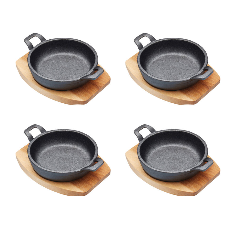 Artesa Cast Iron Mini Gratin Dish/Serving Skillet w/Maple Wood Board 12.5cm (4 Pack)