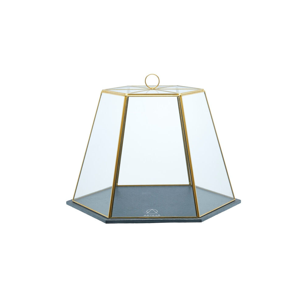 Artesa Glass Hexagonal Serving Cloche w/Slate Base Cakes Dessert Entertaining