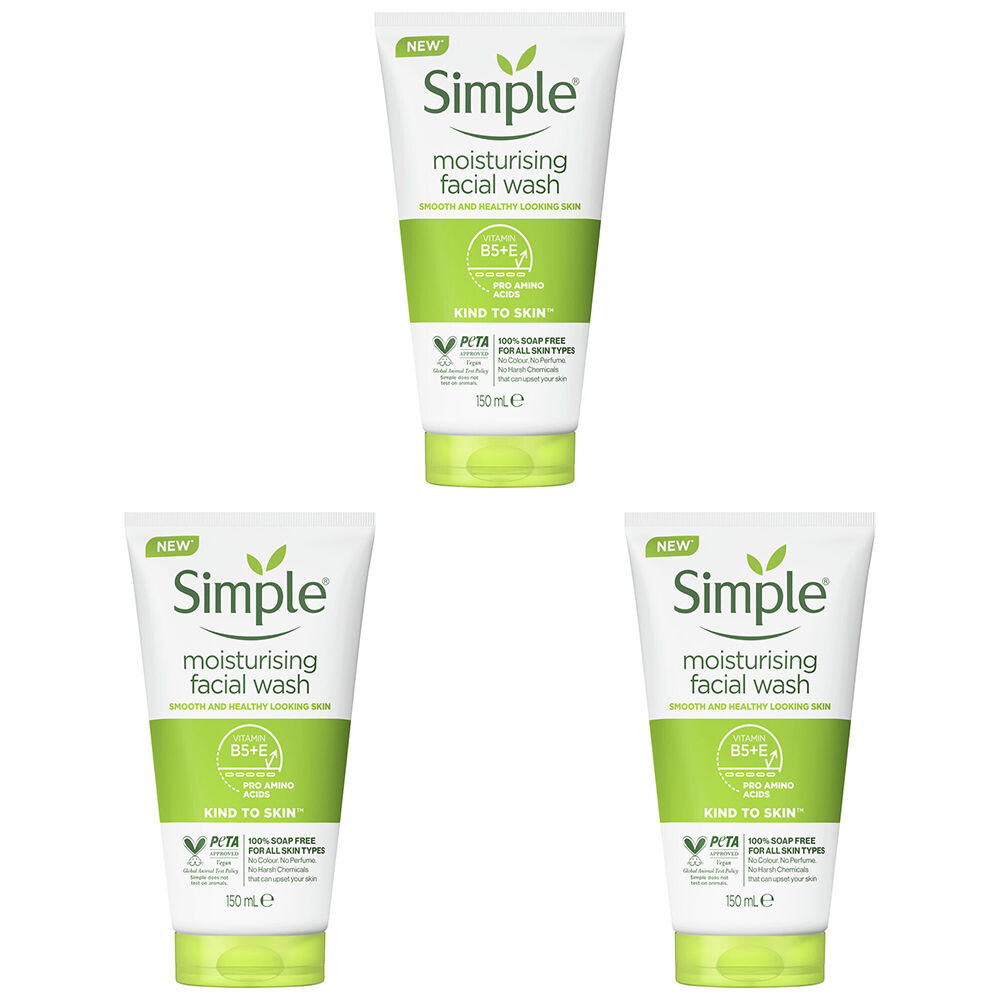 Simple Moisturising Facial Wash For All Skin Types Unscented 150ml (3 Pack)
