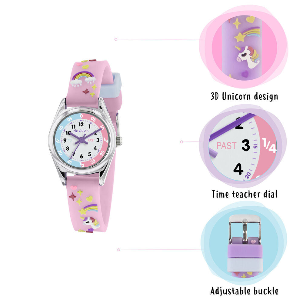 Tikkers Time Teacher Dial Unicorn Straps Watch with 3D Stickers - Pink — image 2