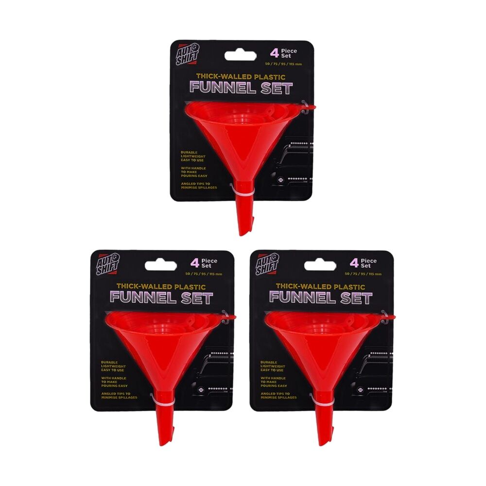 Autoshift 4pc AutoShift Thick-Walled Plastic Funnel Set Automotive 50/75/95/115mm Red (3 Pack)