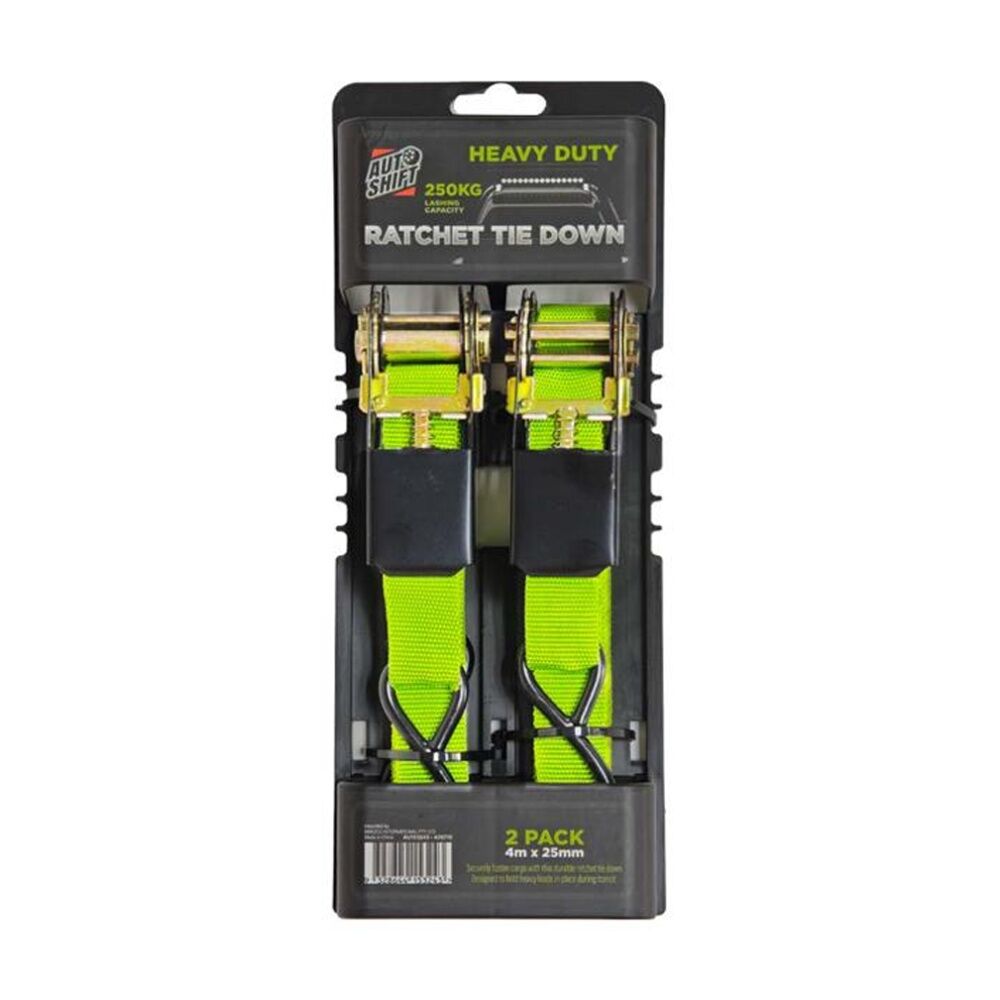 Autoshift Heavy Duty Ratchet Tie Down 250kg Capacity w/Auto-Lock 4m Lime (2 Pack)