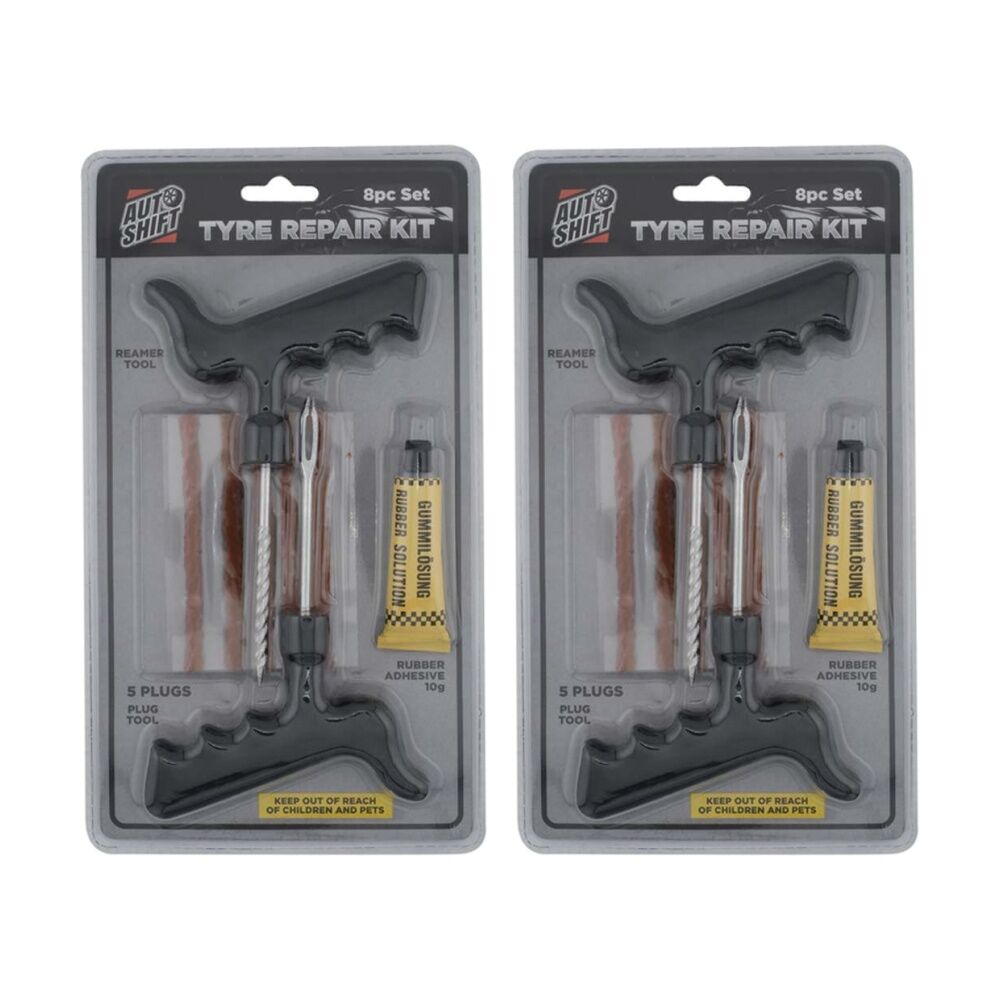 Autoshift 8pc AutoShift Emergency Tyre Puncture Repair Kit w/5 Plugs 2 Tools & Glue (2 Pack)