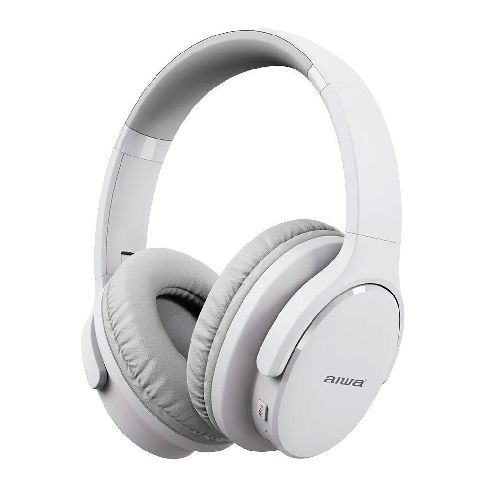 Aiwa Over-Ear Bluetooth Headphones w/AUX Cable & Airplane Adaptor - White