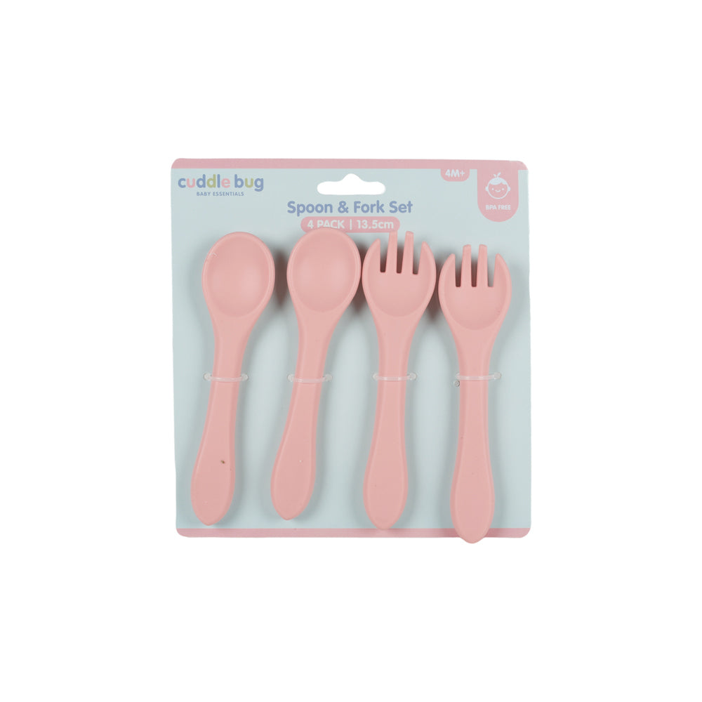 Cuddle Bug Baby Feeding Silicone Spoon Fork Set Pink/Blue 13.5cm Assorted (4 Pieces)