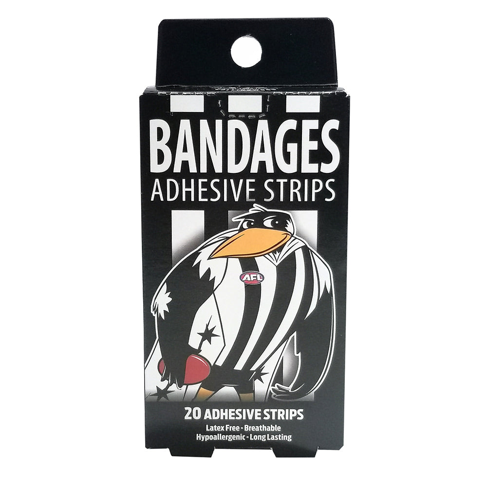 Afl 20pc AFL Mascot Bandages Collingwood Magpies Adhesive Strips Breathable 6y+ (5 Pack) — image 2