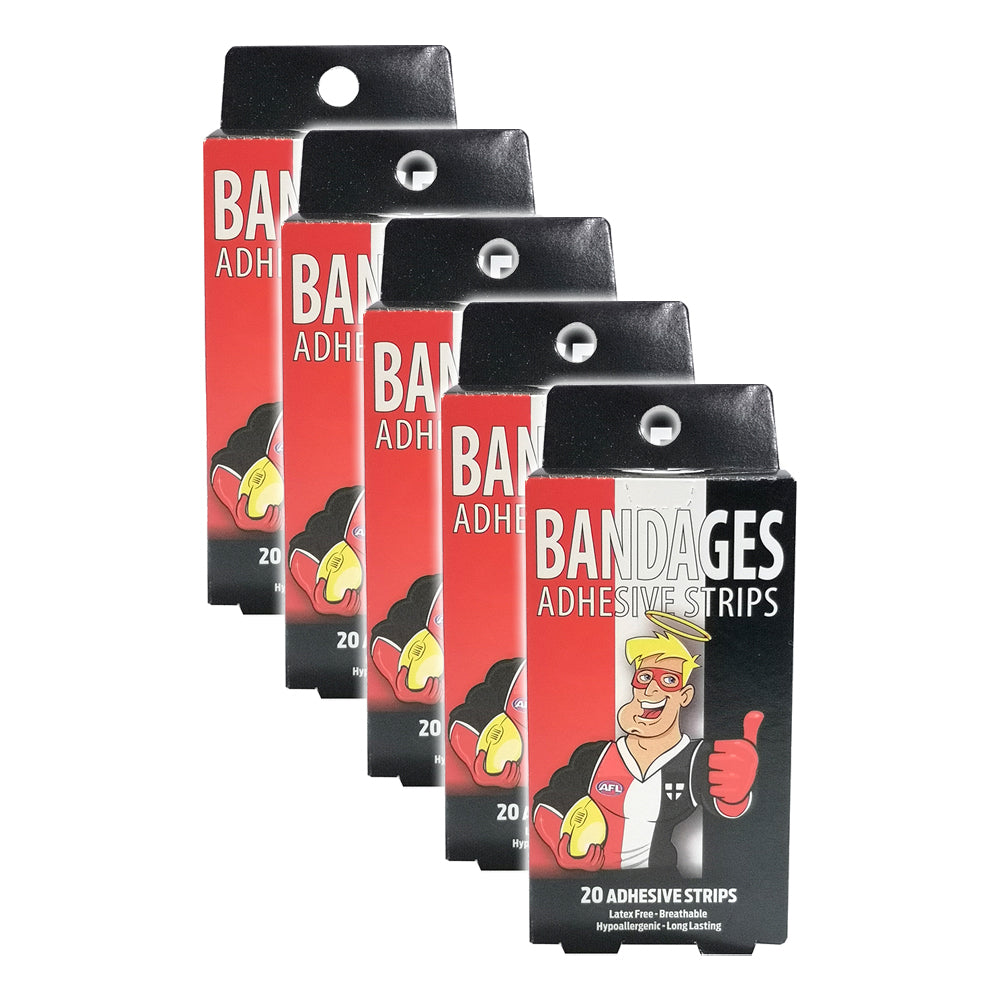 Afl 20pc AFL Mascot Bandages St Kilda Saints Breathable Adhesive Strips Kids 6y+ (5 Pack)