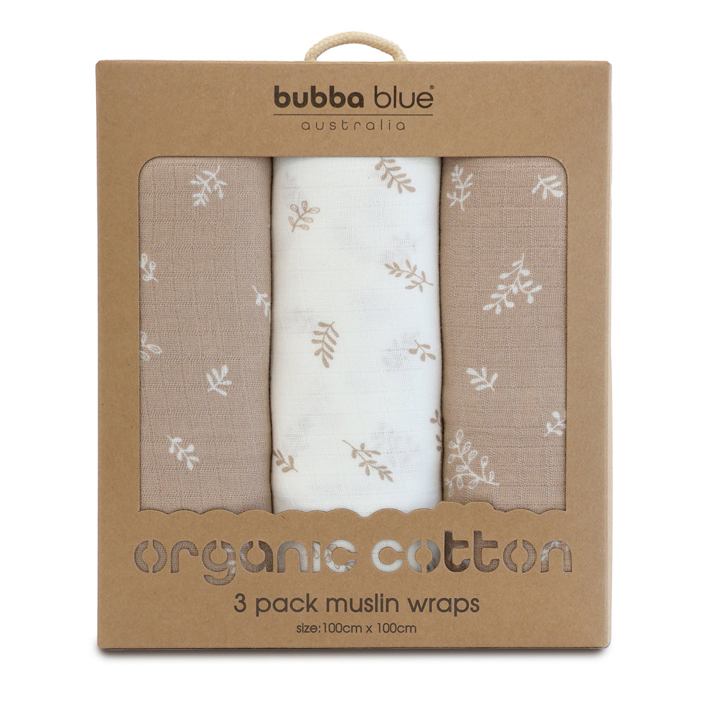 Bubba Blue Organic Cotton Baby/Childrens Muslin Blanket Wraps, Chestnut (3 Pieces)