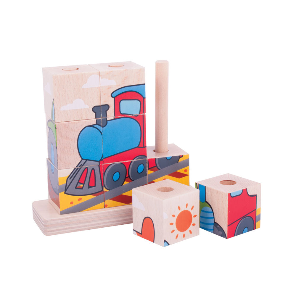 Bigjigs Toys Stacking Blocks Puzzle Transport Kids Wooden Sensory Toy 12m+ (10 Pieces)