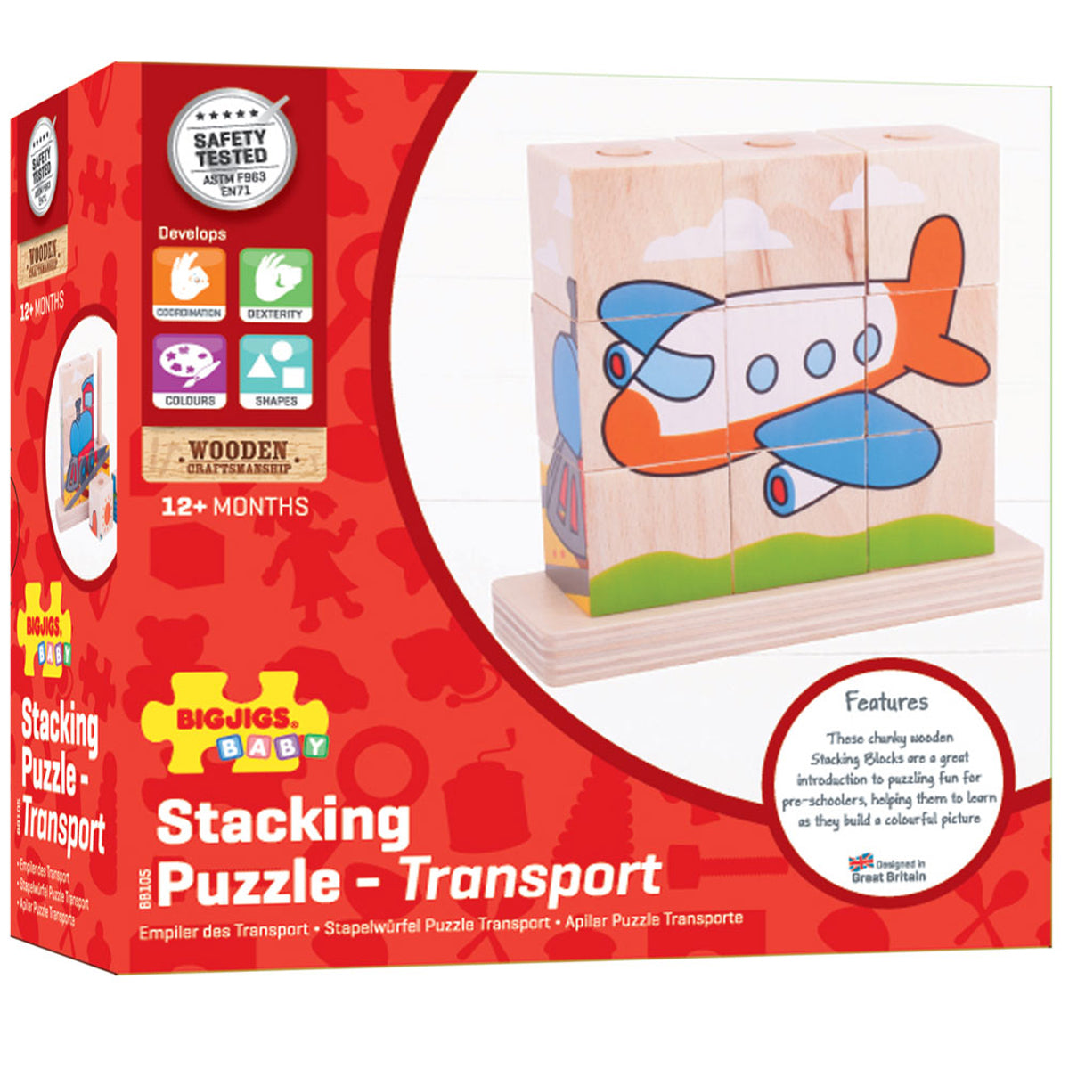 Bigjigs Toys Stacking Blocks Puzzle Transport Kids Wooden Sensory Toy 12m+ (10 Pieces) — image 5