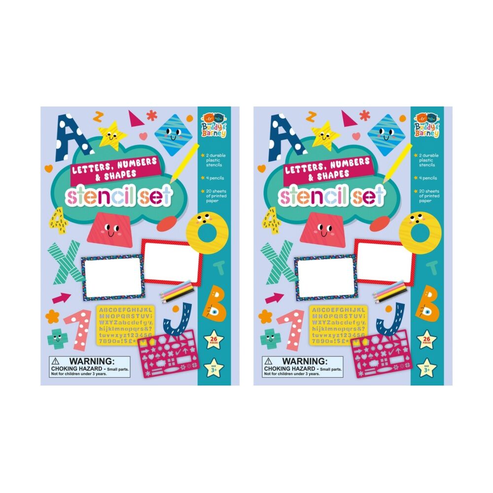 Buddy & Barney 7pc Buddy And Barney Stencil & Pencils Wallet Letters Shapes Numbers Book 3Y+ (2 Pack)