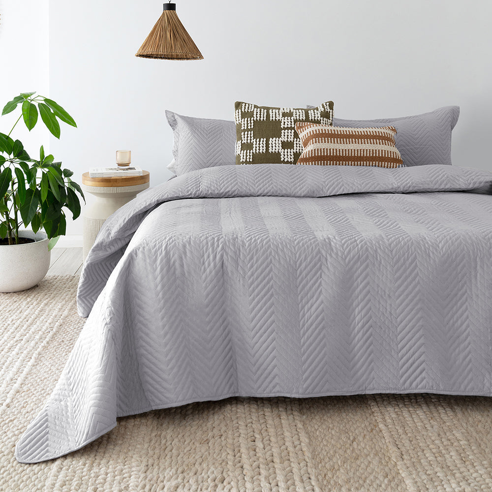 Bambury Herringbone Embossed Coverlet Set Single/Double Bed Bedding — Silver