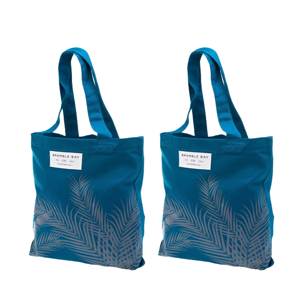 Bramble Bay Night Breeze Fern Outline Cotton Everyday Tote Bag Stylish Blue (2 Pack)