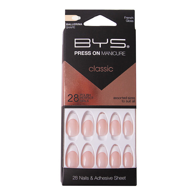 BYS Press On Manicure/Artificial Fake Glam Nails French Gloss Ballerina PNK (28 Pieces)