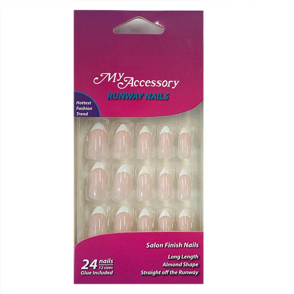MY Accessory Runway French Fake Artificial Glue On Nails Almond Manicure (24 Pieces)