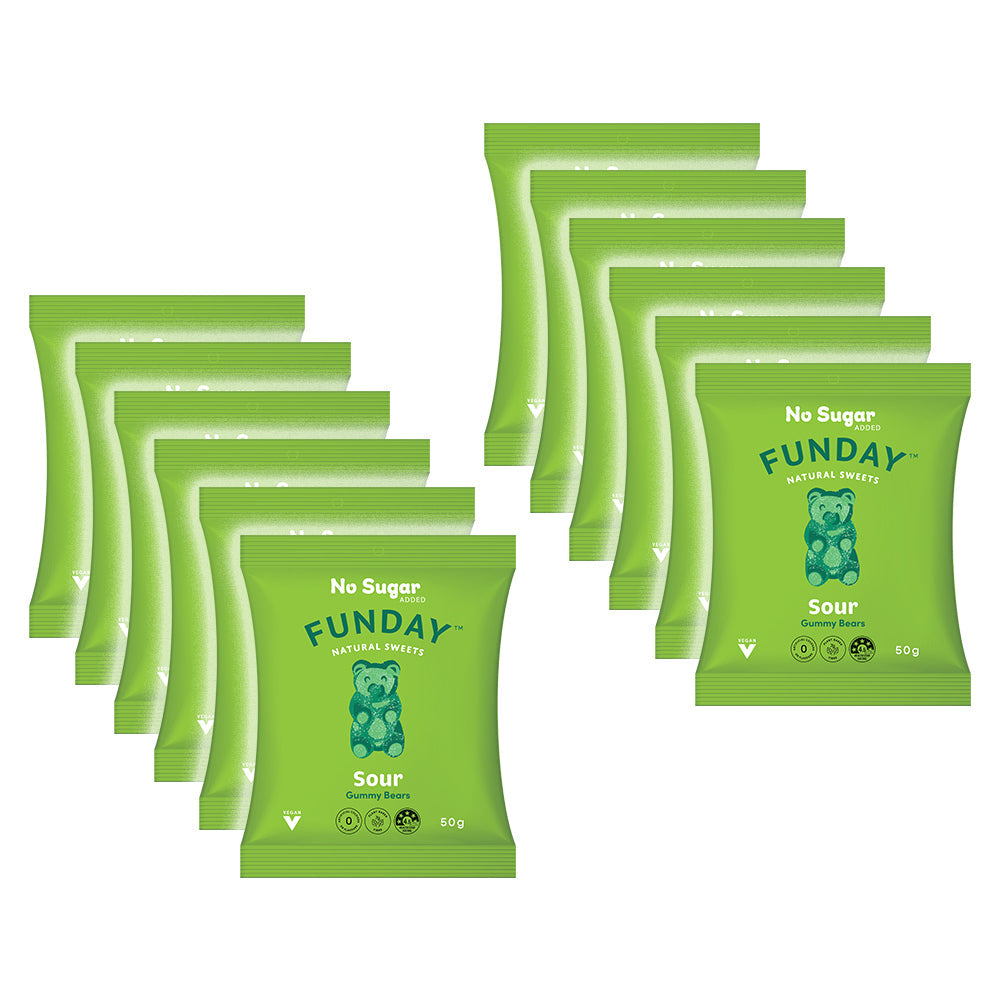 Funday Vegan Sour Mixed Fruit Flavoured Gummy Lolly/Candy Chews Bears 600g (12 Pack)