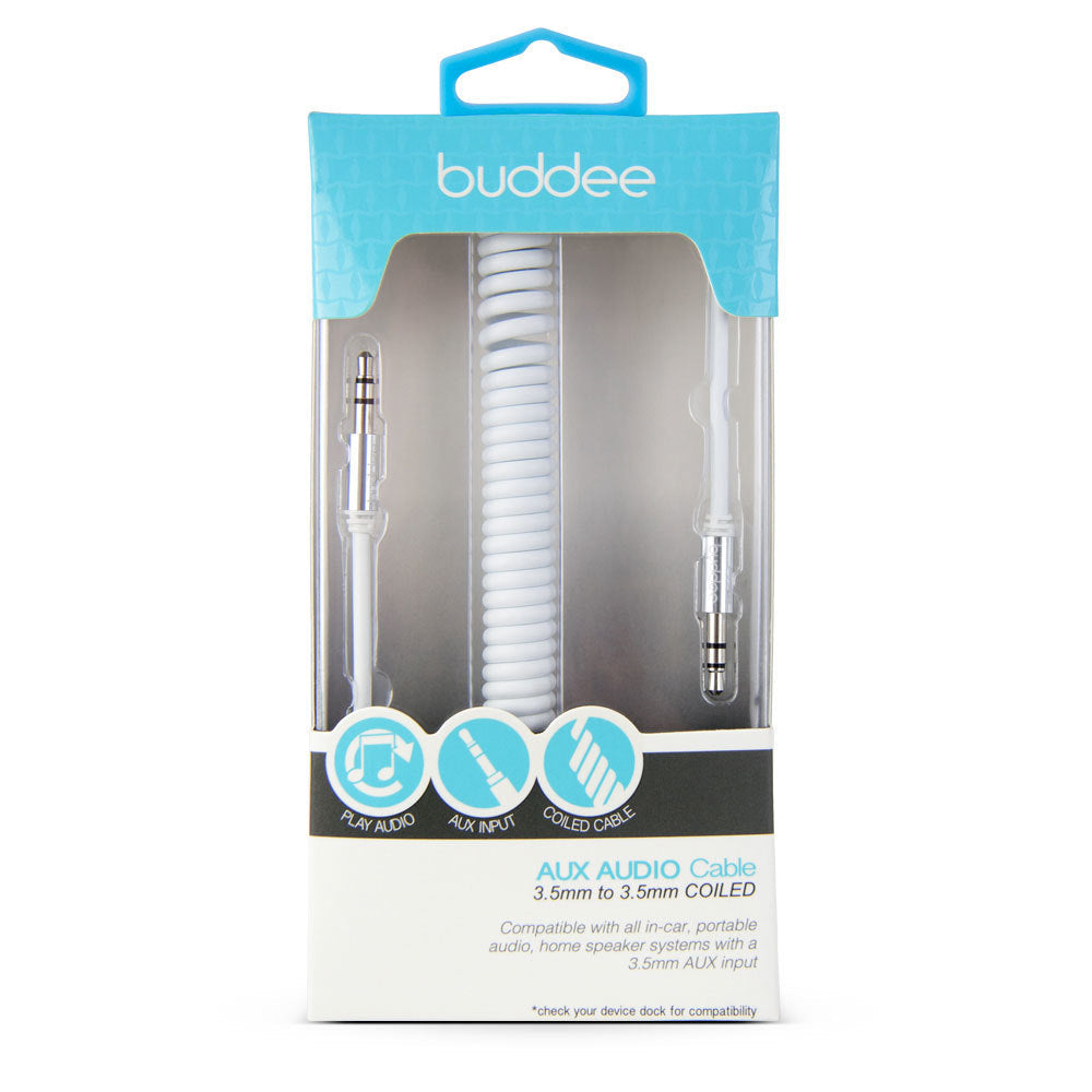 Buddee Coiled Aux Auxiliary 3.5mm Cable Car Stereo 1.5m Audio Lead Cord Male WHT — image 2