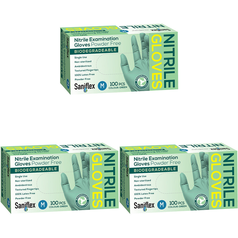 Saniflex Biodegradable Nitrile Gloves Green Size M Home Cleaning Work PPE (300 Pieces)