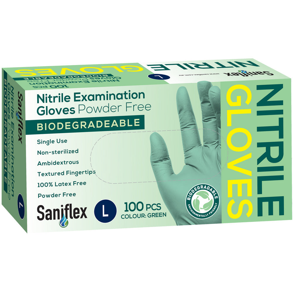 Saniflex Biodegradable Nitrile Gloves Green Size L Home Cleaning Work PPE (100 Pieces)