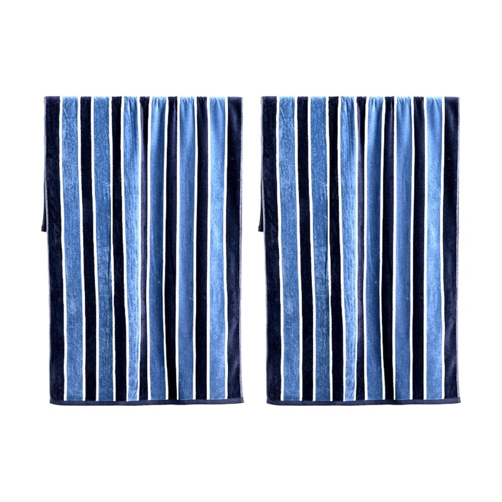 Canningvale Sorrentina Velour Beach Towel Porto Azure Navy Stripe 80x160cm (2 Pack)