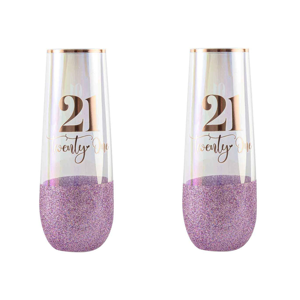 LMD Glitterati 21st Colour Stemless Champagne Flute Glass 16cm Drinking 180ml (2 Pack)